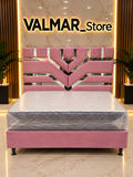 Cama Base Pata Madera con Espaldar de Lujo Tapizado en Cuadros Egipcio con Espejo